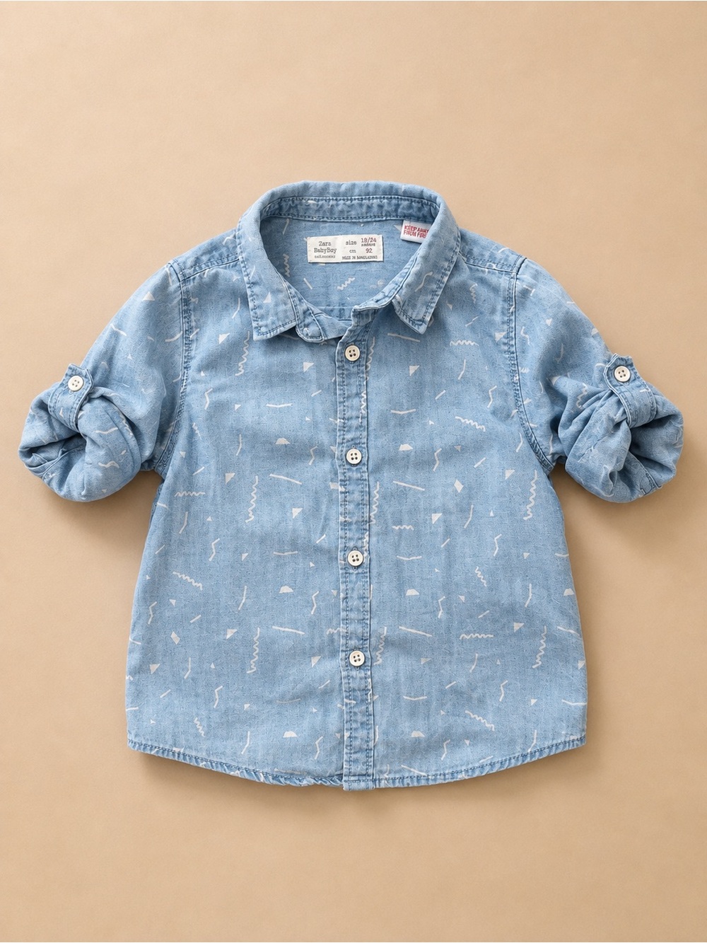 Zara Baby Boy Light Blue Chambray Printed Button Down Shirt 18-24 Months